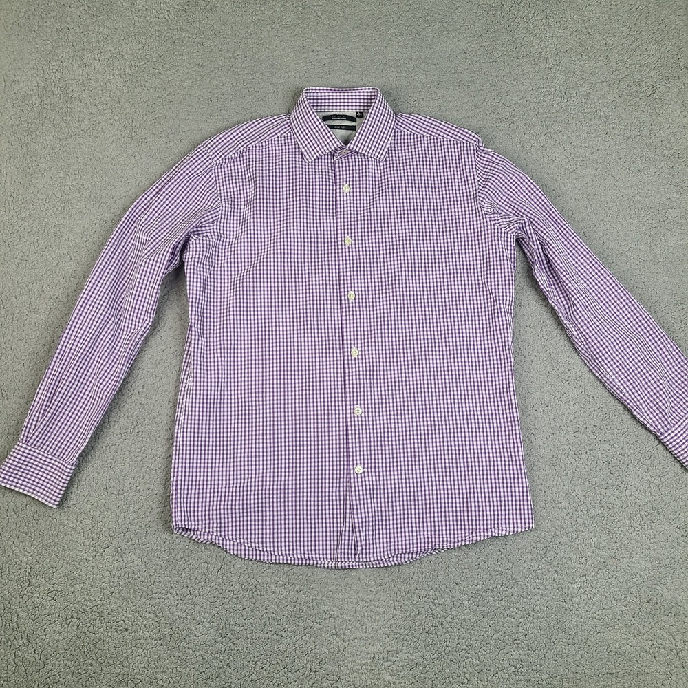 Saks Fifth Avenue Shirt Mens Large Purple Plaid Slim Fit Button Down Black Label